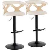 Gardenia Adjustable Swivel Bar Stool in Natural Wood, Black Metal & Cream Leatherette (Set of 2)